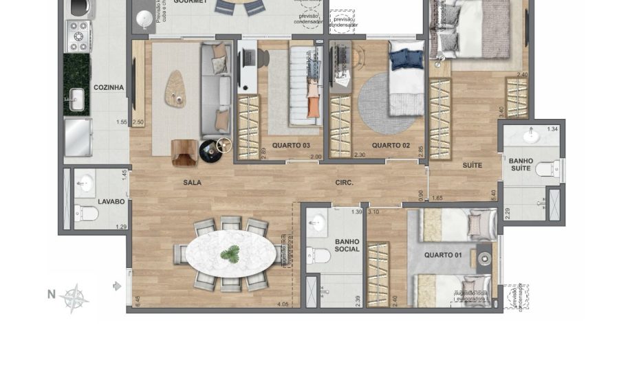 Planta 4 quartos suite 90m²